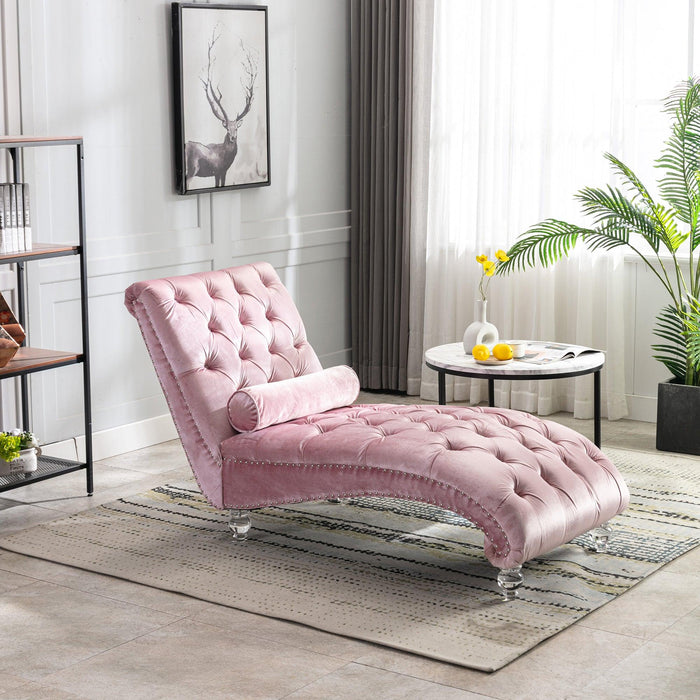 COOMORE Velvet Chaise Lounge Indoor,Button-Tufted Upholstered Chaise Lounge Chair with Pillow for Bedroom Living Room Office (Pink Velvet) - DTYStore