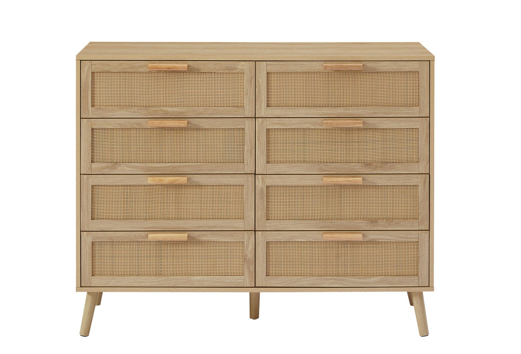 Bedroom dresser, 8 Double Dresser with rattan drawers, wood chest of drawers for kids room, living room, entry and hallway, Natural, 47.2''W x 15.8''D x 37.4''H. - DTYStore