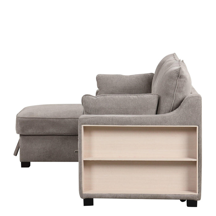 90" Pull Out Sleeper Sofa L-Shaped Couch Convertible Sofa Bed with Storage Chaise, Storage Racks and USB Ports, Light Brown - DTYStore