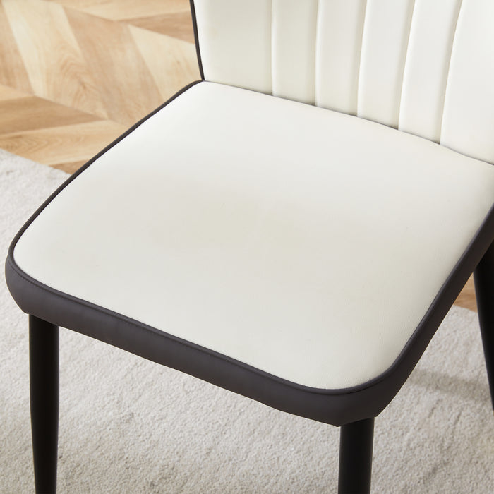 Table and chair set.A 42 Inch Diameter Round Tempered Glass Pandora marble patterned Dining Table - V-Shaped MDF Legs.Paired With 4 White and dark gray spliced PU Chairs.