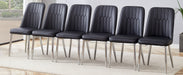 6 modern dining chairs, sleek PU backrest, and silver metal legs bring a comfortable home experience to the kitchen, bedroom, and office.Black PU Chairs with Simple Line Designs On The Backrest. - DTYStore