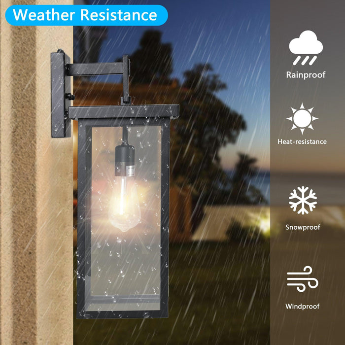 Set of 2 Modern Outdoor Wall Lanterns with Black Metal Frame and Clear Glass, Ambient light sensors,Weatherproof Wall Sconces for Porch, Garage, or Entryway Lighting, E26 Bulb Compatible - DTYStore