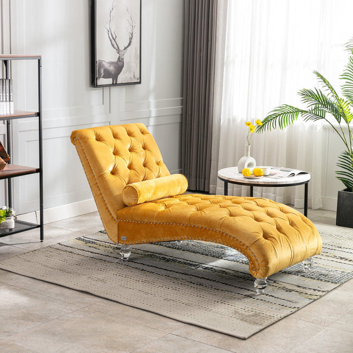 COOMORE Velvet Chaise Lounge Indoor,Button-Tufted Upholstered Chaise Lounge Chair with Pillow for Bedroom Living Room Office (Mustard Velvet) - DTYStore