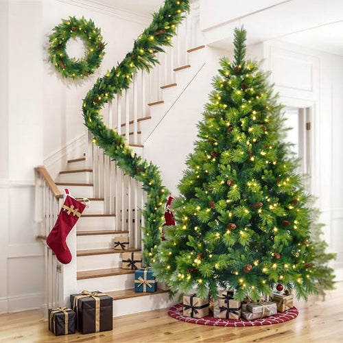 6FT Grass Green Christmas Tree, Large Branches Pine Tree, Pre-Lit Set with Tree & Garland & Wreath, Artificial Christmas with Pine Cones, Hinged Xmas Tree , for Holiday Party Ofiice Home - Image 4