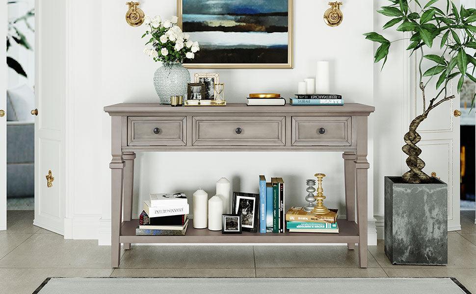 Classic Retro Style Console Table with Three Top Drawers and Open Style Bottom Shelf, Easy Assembly - DTYStore
