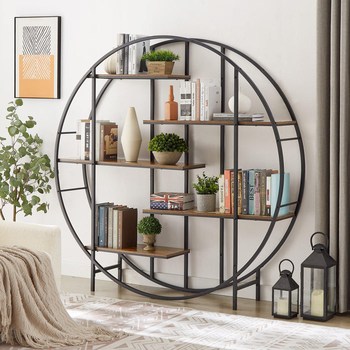 Round 5-Tier Metal Plant Stand bookcase storage rack, Indoor Living Room Terrace Garden Balcony Display Stand. Rustic Brown, 67'' W x 11.8'' D x 67'' H. - DTYStore
