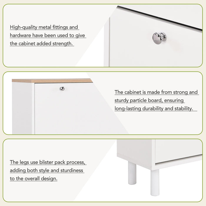Narrow Design Tipping Bucket Shoe Cabinet with 3 Flip Drawers, Wood Grain Pattern Top Entryway Organizer with 3 Hooks, Free Standing Shoe Rack with Adjustable Panel for Hallway, White - DTYStore