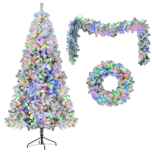 6FT Snow Flocked Christmas Tree, Pre-Lit Set with Tree & Garland & Wreath, Artificial Hinged Xmas Tree with Colorful LED Lights, 8 Lighting Modes, Pine Cones, Holiday Décor for Home - Image 7