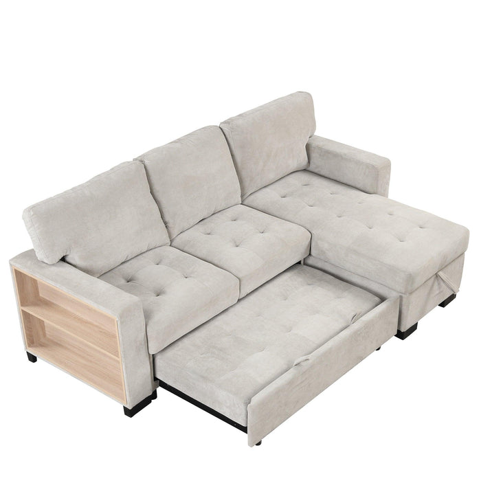 Stylish and Functional Light Chaise Lounge Sectional with Storage Rack Pull-out Bed Drop Down Table and USB Charger Light Gray - DTYStore