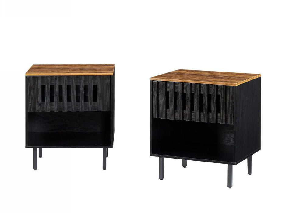 2 Set Nightstands with Grille Striped Doors, Mid Century Modern Nightstand, Bedside Table with Slatted Drawer Decor, End Tables Bedroom with Metal Legs, Night Stand for Bedroom - DTYStore