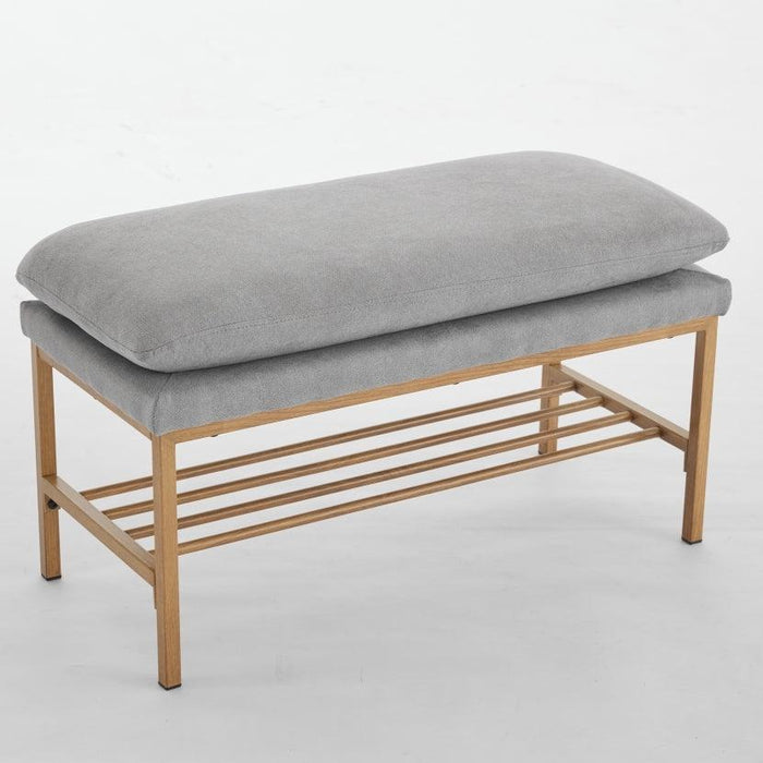 End of Bed Bench with Shelf, Linen Upholstered Storage Shoe Bench, Modern Bedroom Bench with Metal Legs for Living Room, Entryway, Dining Room, 300 LB, Linen Color(Gray) - DTYStore