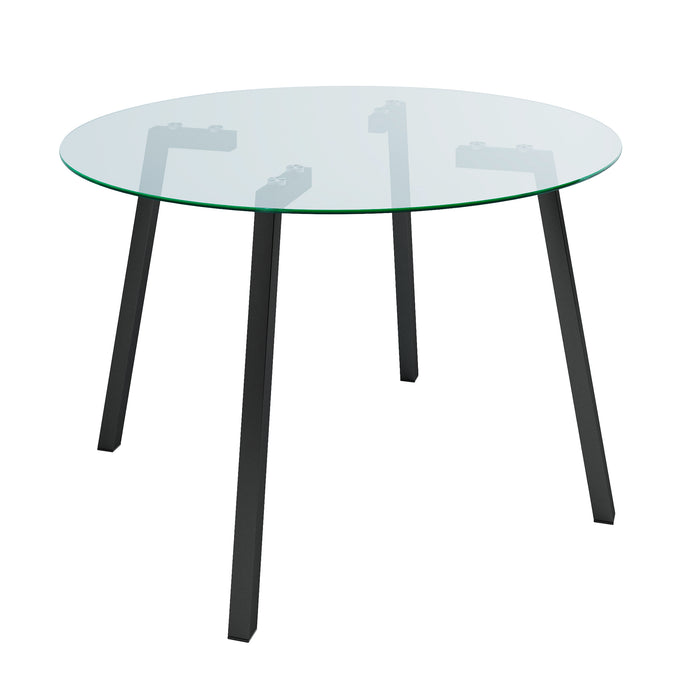 Modern simple table with a glass round table and four chairs. Transparent tempered glass countertop, black metal legs, suitable for kitchen living room dining room (set of 5)