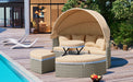Patio Furniture Round Outdoor Sectional Sofa Set Rattan Daybed Two-Tone Weave Sunbed with Retractable Canopy, Separate Seating and Removable Cushion, Light Coffee - DTYStore