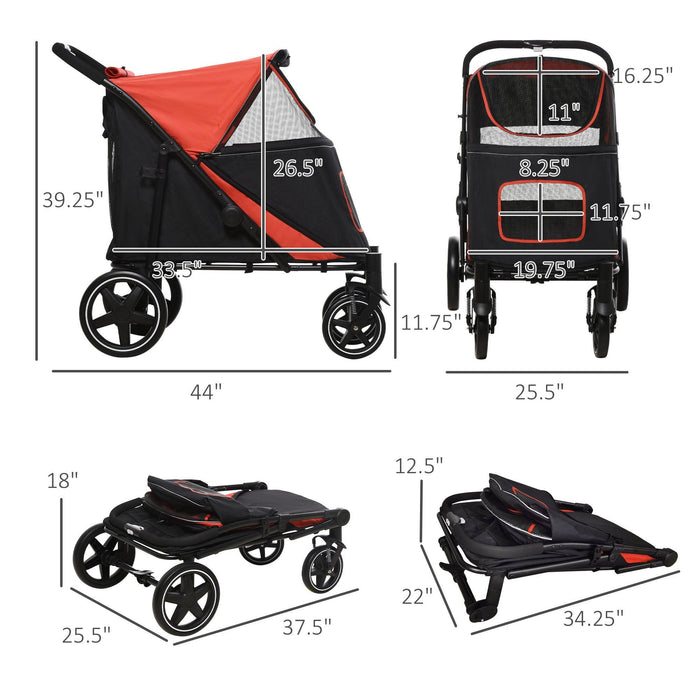 One-Click Foldable Doggy Stroller for Medium Large Dogs, Pet Stroller with Storage, Smooth Ride with Shock Absorption, Mesh Window, Safety Leash, Big Dog Walking Stroller, Red