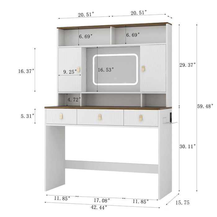 Farmhouse Dressing Table Makeup Table, 43" Wide Dressing Table with Lighted Mirror and Makeup Drawer, Large Modern Dressing Table Set with Hair Dryer Holder for Bedroom, White - DTYStore