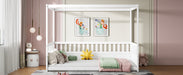Full Size Canopy Bed Frame with Guardrails for Kids,Floor Bed Full with Four Poster Design,Kids Montessori Floor Bed,Wood Canopy Bed Frame for Girls,Boys(Full,White) - DTYStore