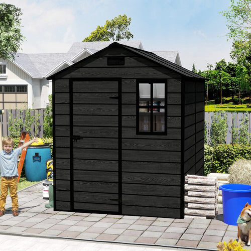 Campcraft 6*6ft resin storage shed, high quality pp material, strong structure, waterproof, rust and UV proof, large storage space, 12mm thick pp board, HD window lighting Black wood grain color - Image 1