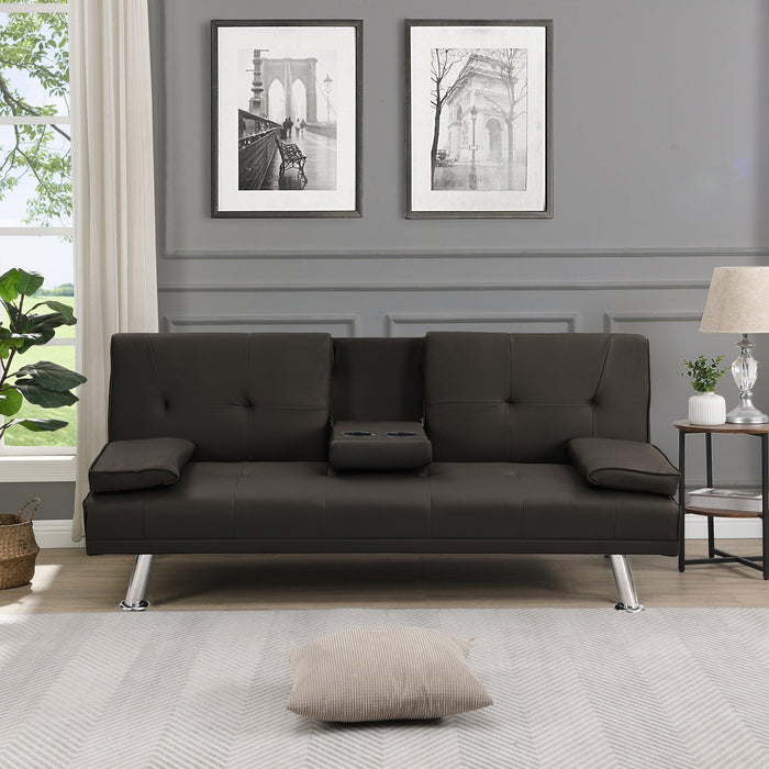 Sofa Bed with Armrest two holders WOOD FRAME, STAINLESS LEG, FUTON BROWN PVC,DARK BROWN - DTYStore
