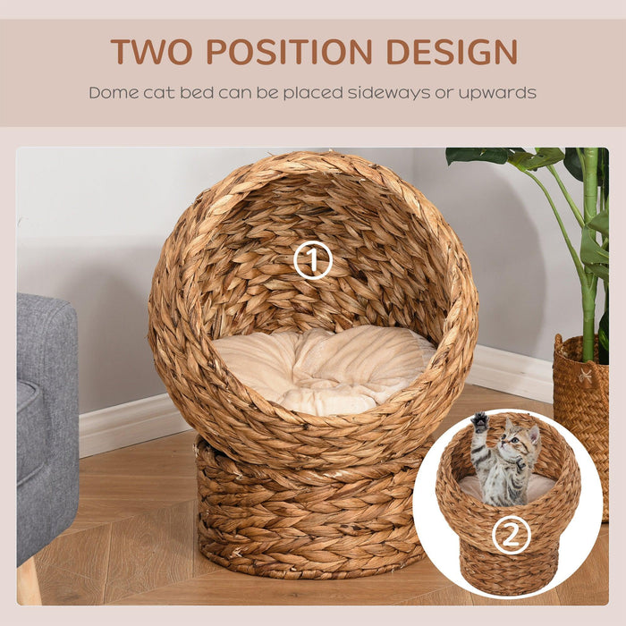 Handwoven Elevated Cat Bed with Soft Cushion & Cat Egg Chair Shape, Cat Basket Bed Kitty House with Stand, Raised Wicker Cat Bed for Indoor Cats, 23.5" H, Brown - DTYStore