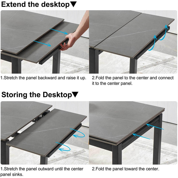 Grey Ceramic Modern Rectangular Expandable Dining Room Table For Space-Saving Kitchen Small Space -Table - DTYStore
