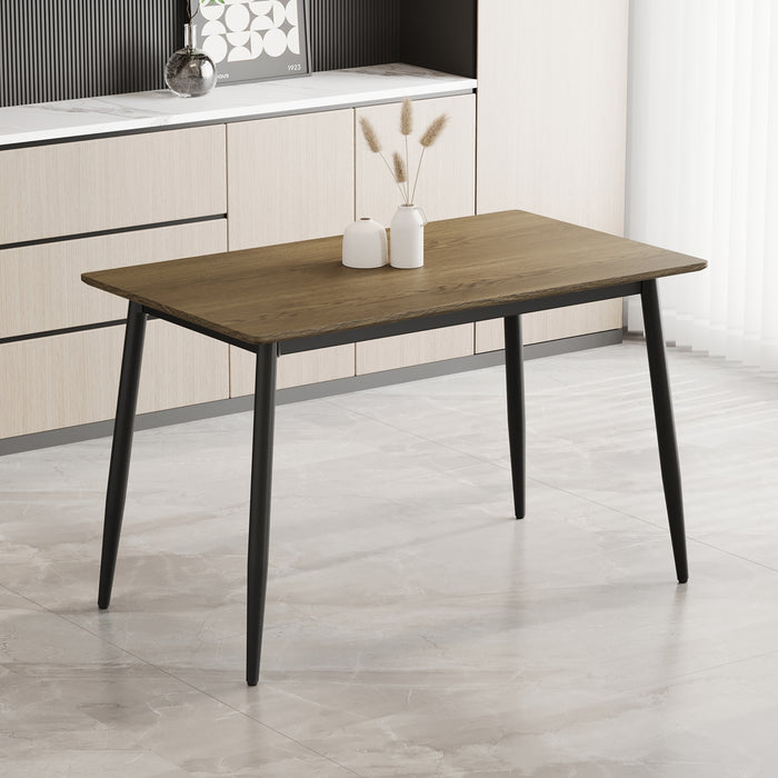 Modern minimalist wood grain tabletop dining table, stylish dining table, kitchen dining table, sturdy and durable, easy to assemble, black metal leg design, suitable for 4-6 people, suitable for home