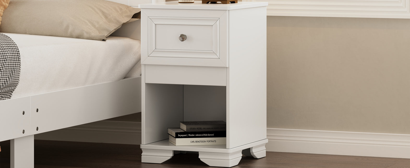 Elegant Design Nightstand with Drawer and Open Shelf for Bedroom, Retro Style Bedside Table with Classic Design and Metal Handle,White