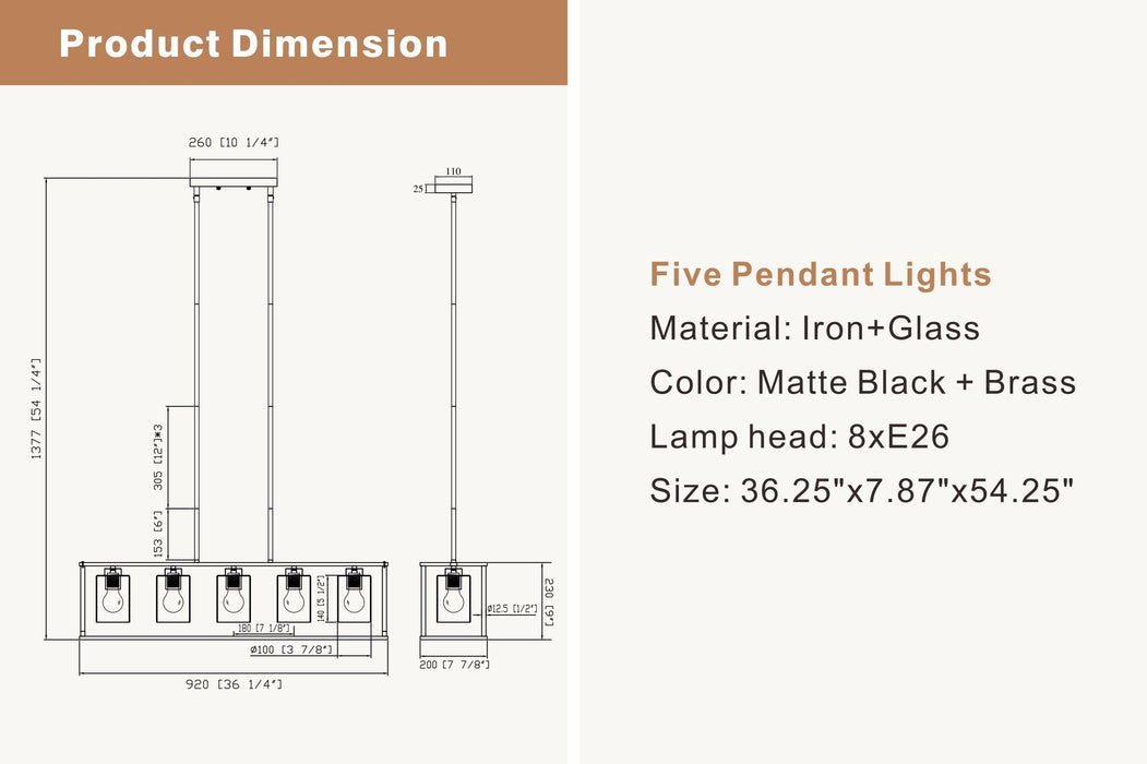 5-Lights Industrial Farmhouse Style Hanging Decorative Rectangle Pendant Lights, Black Antique Brass With Clear Glass Shade, Dining Room Kitchen Island Chandelier - DTYStore