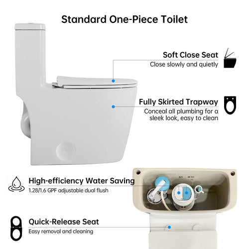 1.1/1.6 GPF Elongated Comfort Height Floor Mounted One-Piece Toilet ,  CUPC Certified, WaterSense Cetified, Ceramic, White Color, Soft Close Seat - Image 13