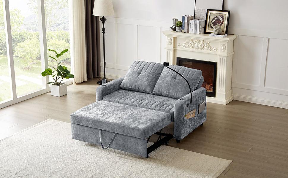 53.9" Modern Loveseat Pull-out Sofa Bed with Adjustable Backrest, Two Cup Holders , a Phone Holder, Three Charging Ports and Side Storage Pockets for Living Room, Grey - DTYStore