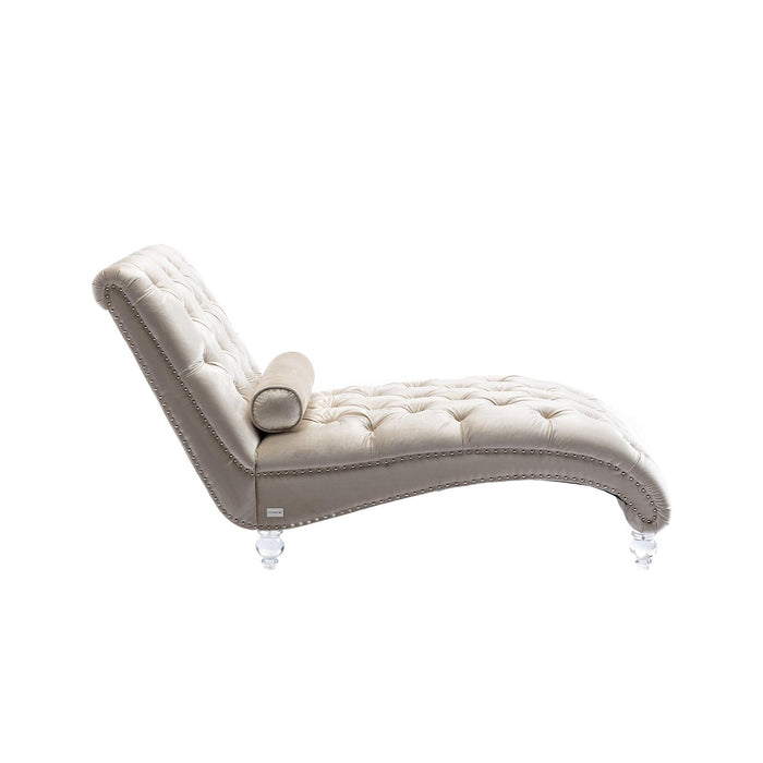 COOMORE Velvet Chaise Lounge Indoor,Button-Tufted Upholstered Chaise Lounge Chair with Pillow for Bedroom Living Room Office (Beige Velvet) - DTYStore