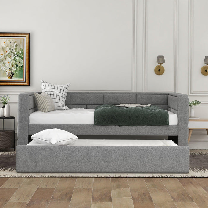 Twin Size Daybed with Trundle, Upholstered Daybed with Padded Back, Gray - DTYStore