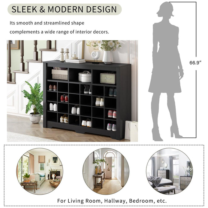 Sleek Design 24 Shoe Cubby Console, Modern Shoe Cabinet with Curved Base, Versatile Sideboard with High-quality for Hallway, Bedroom, Living Room, Black - DTYStore