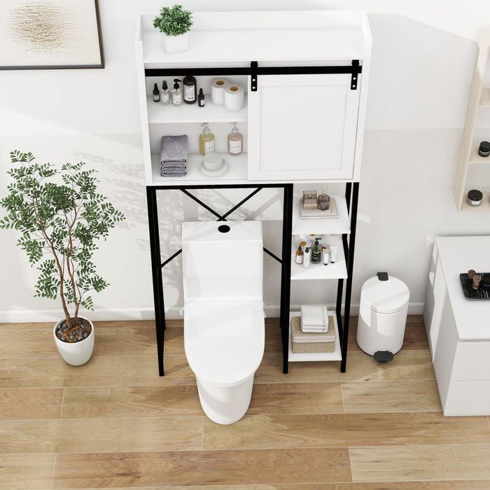 Over The Toilet Storage Cabinet, Bathroom Shelves Over Toilet with Sliding Barn Door,Adjustable Shelves and Side Storage Rack-White - DTYStore