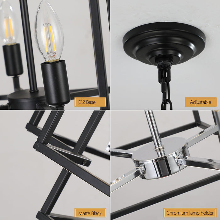 8-Lights Lantern Tiered Pendant Light Fixtures, Industrial Farmhouse Hanging Chandelier for Entryway, Foyer, Living Room, Kitchen Island, Staircase(Black & Silver)