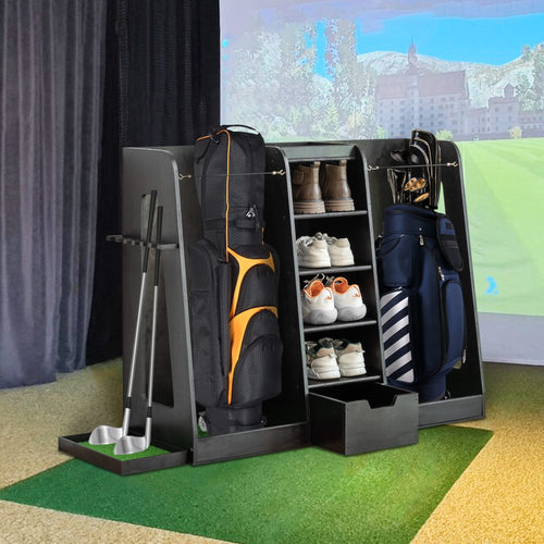 55.5''x16''x37''(LxWxH) Wooden Golf Bag Organizer and Storage Rack, High Quality Wooden 2 Golf Bag Rack with Drawers, Easy to Assemble Golf Club Holder/Stand with Club Holders on Side,Black - Image 9