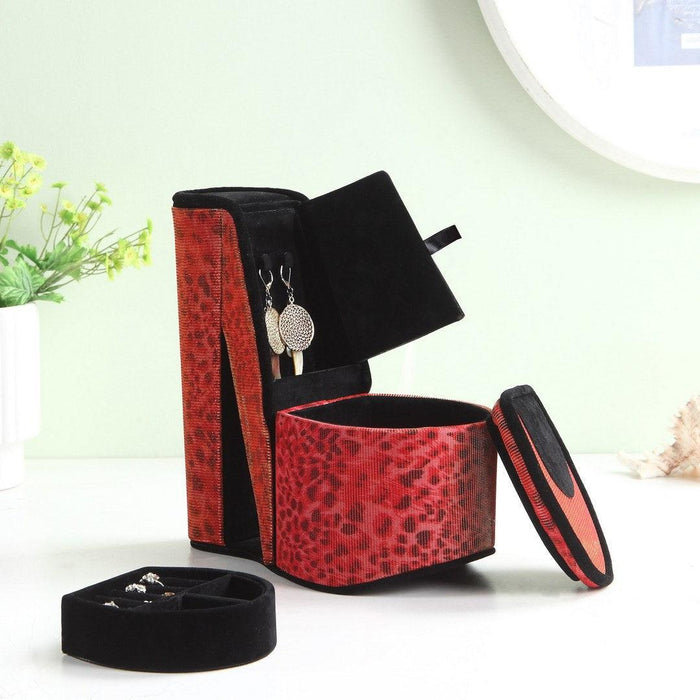 9" Tall Display Jewelry Box with Hidden Storage, High Heel Shoe Design, Leopard Print - DTYStore