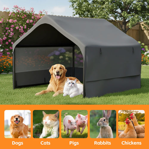 Extra Large Outdoor Dog House Tent with 3-Sided Mesh Windows, Breathable Sun Rain Cover Pet Shelter with Canopy and Ground Stakes for Dogs, Cats, Livestock – 4' x 4' x 3.3', Gray - Image 7