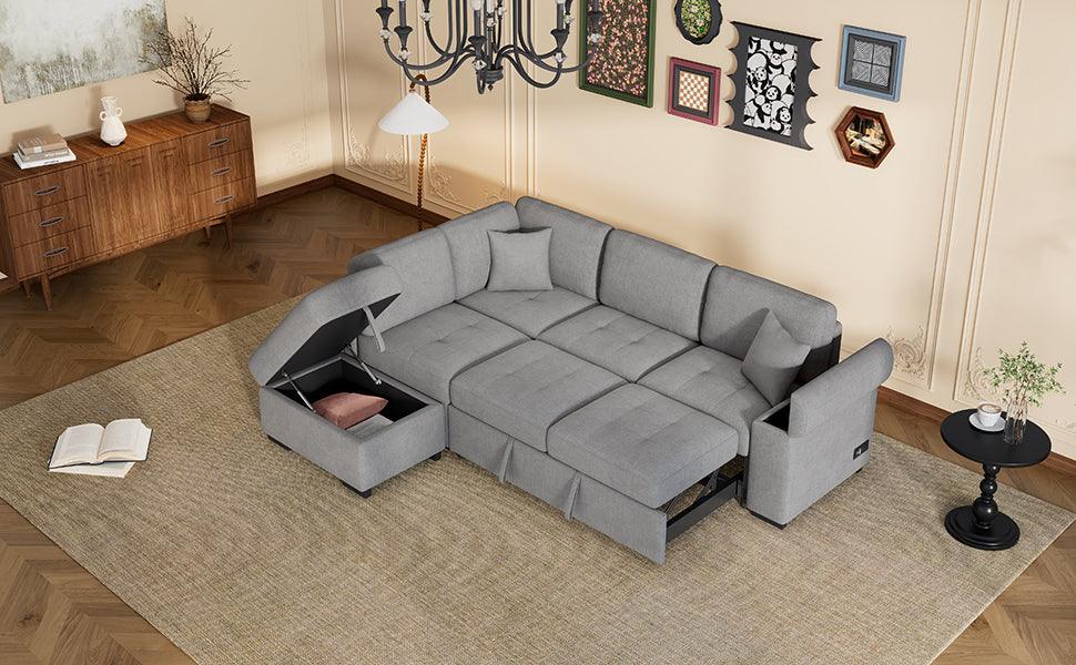 Sleeper Sectional Sofa, L-Shape Corner Couch Sofa-Bed with Storage Ottoman & Hidden Arm Storage & USB Charge for Living Room Apartment, Gray - DTYStore