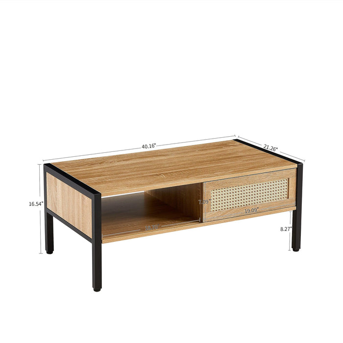 40.16" Rattan Coffee table, sliding door for storage, metal legs, Modern table for living room , natural - DTYStore