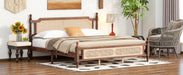 King Pine wooden Bed with Rattan Headboard and Footboard, with Central Enhanced Bed Platform,Walnut - DTYStore