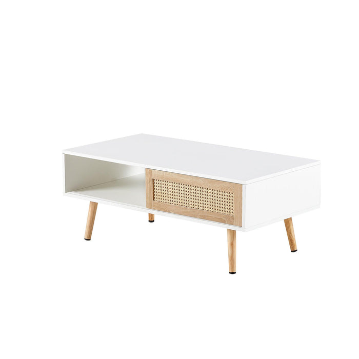 41.34" Rattan Coffee table, sliding door for storage, solid wood legs, Modern table for living room ,White - DTYStore
