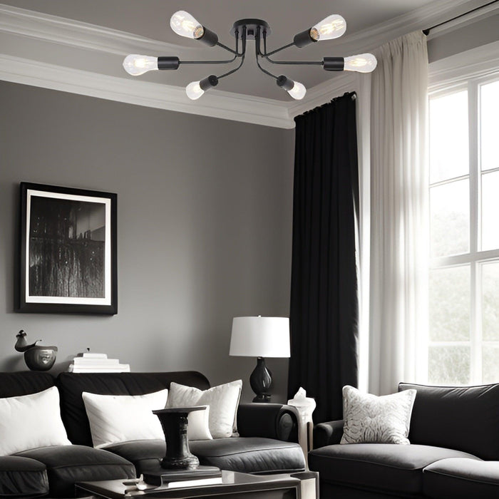 Modern Sputnik Chandelier 6 Light Semi Flush Mount Ceiling Lighting Cotemporary Industrial Brushed Nickel Ceiling Fixture - DTYStore