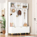 Modern Large Storage Hall Tree with Bench, Multi-functional Storage Bench with High Gloss Fluted Doors, Luxurious Coat Rack with 6 Gold Hooks and Legs for Entryway, Living Room, White - DTYStore