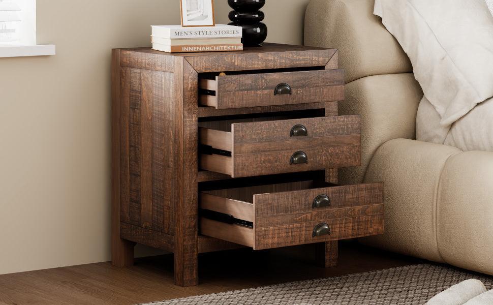 Rustic Farmhouse Style Three-Drawer Solid Pine Wood Nightstand with Cup Pulls and Integrated Charge Station - DTYStore
