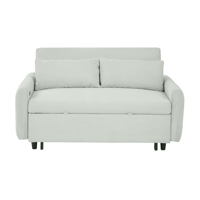 57.48" Pull-out Sofa Bed Convertible Couch 2 Seat Loveseat Sofa Modern Sleeper Sofa with Two Throw Pillows and USB Ports for Living Room, Light Grey-Green(Old Sku:WF317760AAE)