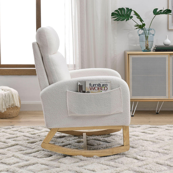 27.6"W Modern Accent High Backrest Living Room Lounge Arm Rocking Chair, Two Side Pocket ,Teddy White (Ivory) - DTYStore