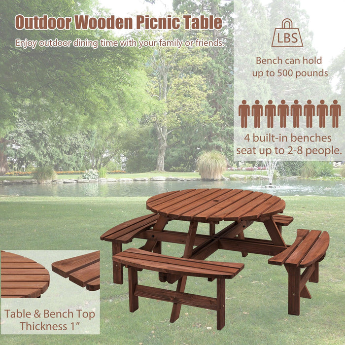8 Person Wooden Picnic Table, Outdoor Camping Dining Table with Seat, Garden, DIY w/ 4 Built-in Benches, 2220lb Capacity - DTYStore