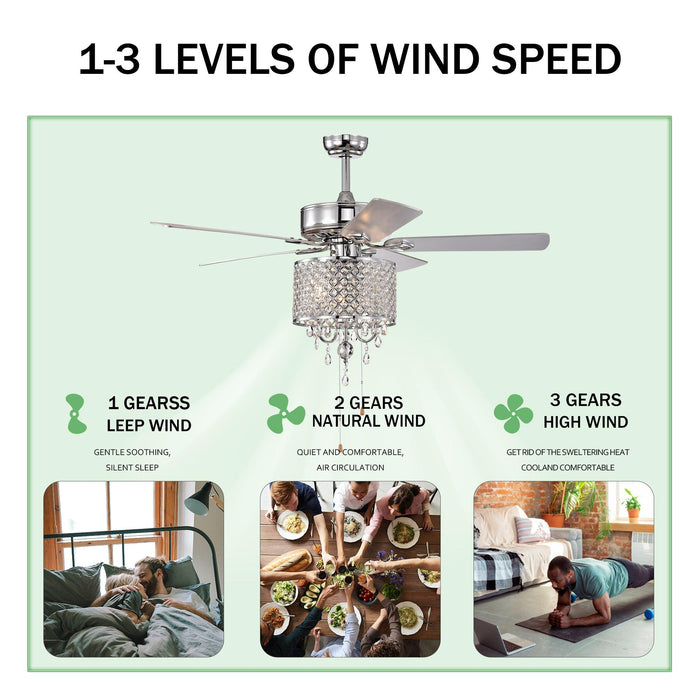 52'' Classical Crystal Ceiling Fan Lamp 3 Speed Hand Pull Chain (High, Mid, Low), 5 Reversible Blades for Living Room, Dining Room, Bedroom, Family Room, Chrome ,3PCS*E12 (NO Include Bulb ) - DTYStore