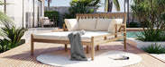 Outdoor Daybed, Patio Daybed with Four Pillows, Wooden Outdoor Bed with Curved Armrests for Poolside, Backyard, Garden (Light Teak+Beige Cushion) - DTYStore