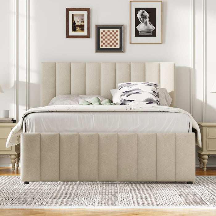 Full Size Upholstered Platform Bed with Twin Size Trundle and 3 Drawers, Linen Fabric, Beige